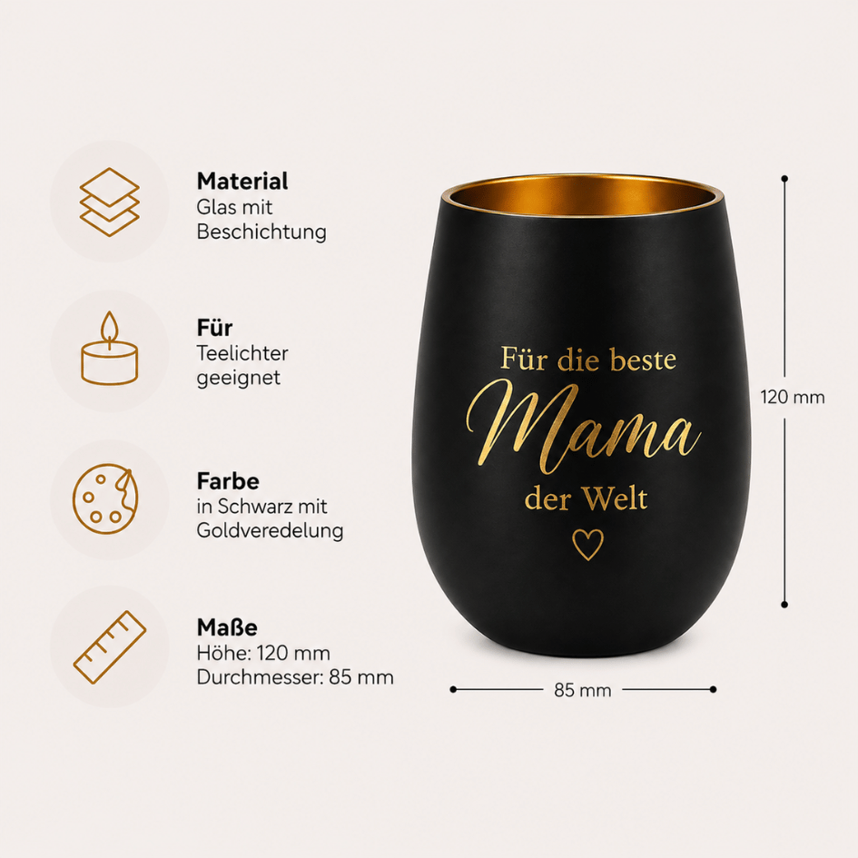 Personalisiertes Windlicht für Mama – „Für die beste Mama der Welt“ Schwarz & Gold