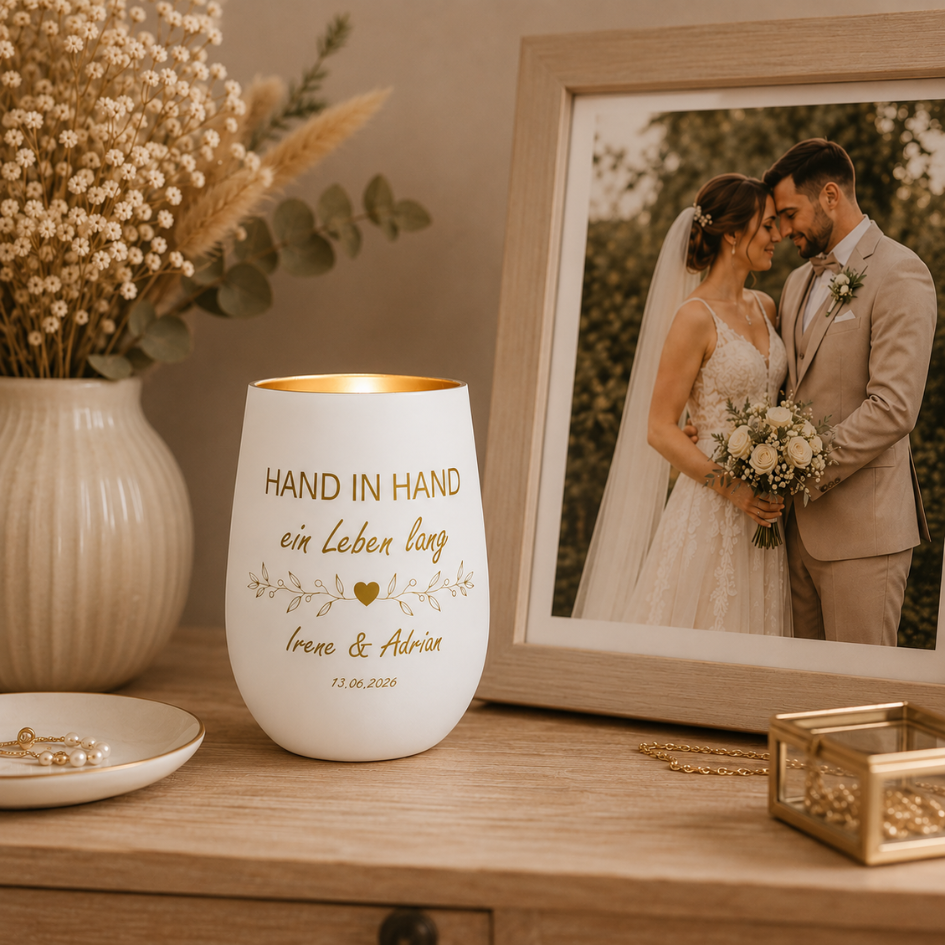 Personalisiertes Windlicht zur Hochzeit – Hand in Hand