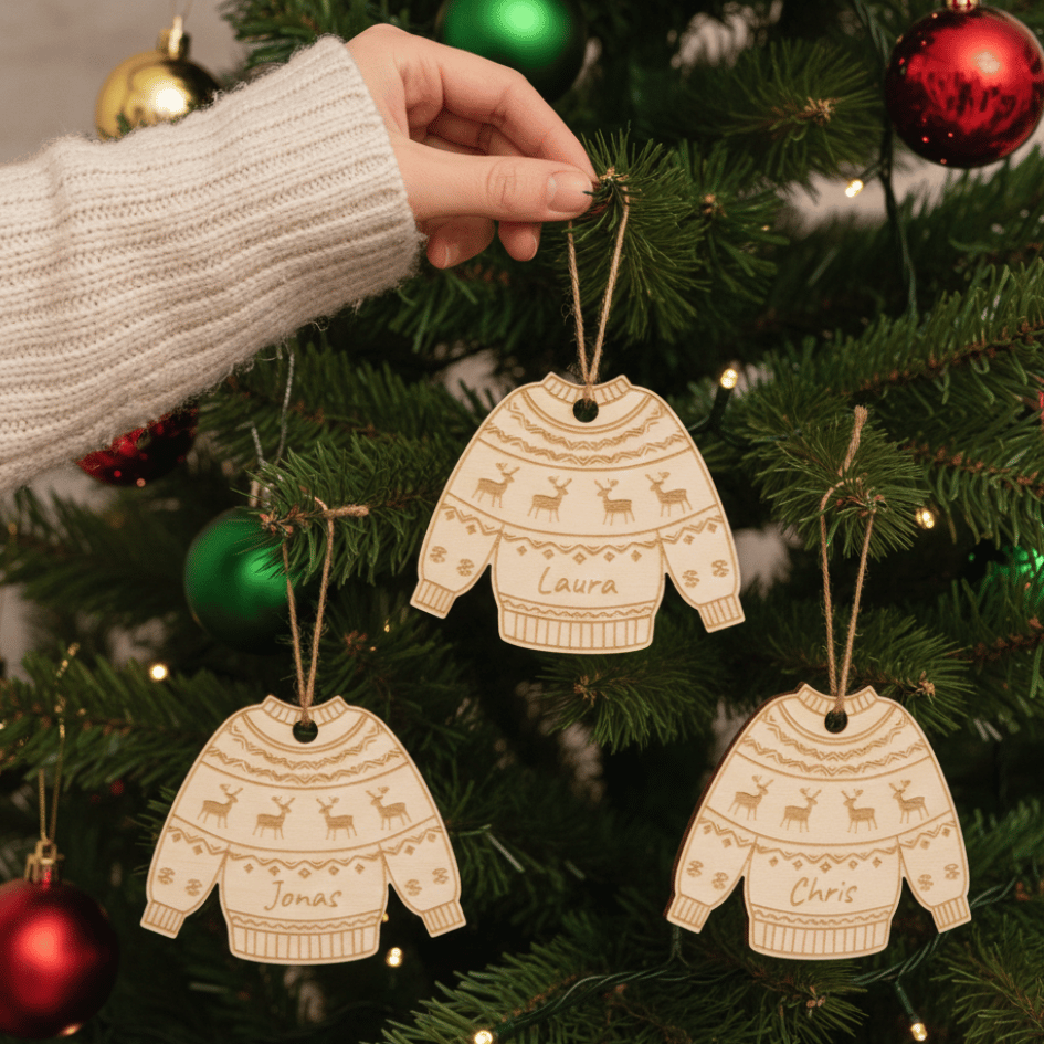 Personalisierter Weihnachts-Pulli Anhänger – mit Wunschname graviert