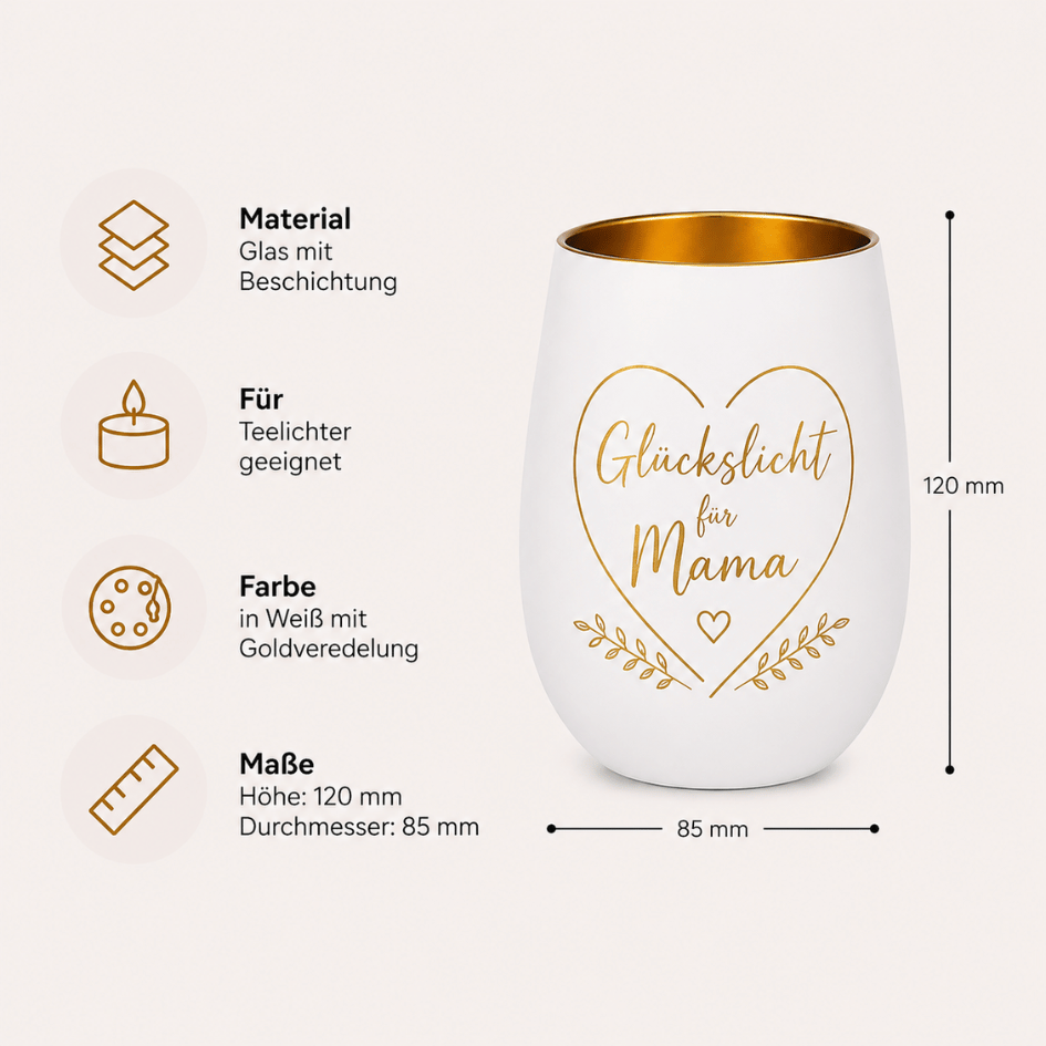 Personalisiertes Windlicht zum Muttertag – Glückslicht Herz für Mama in Weiß & Gold