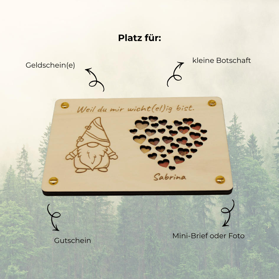 Personalisiertes Geldgeschenk zu Weihnachten – Holzkarte „Wicht(el)ig“ mit Herzen