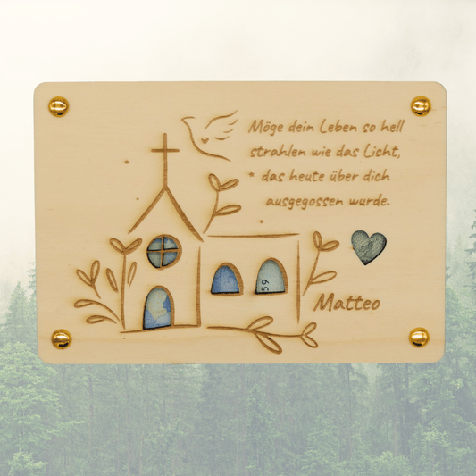 Personalisiertes Geldgeschenk aus Holz zur Taufe – Kirche