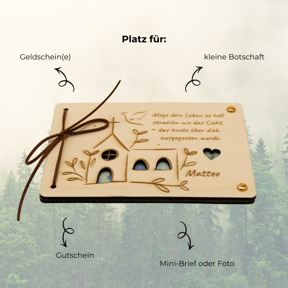 Personalisiertes Geldgeschenk aus Holz zur Taufe – Kirche