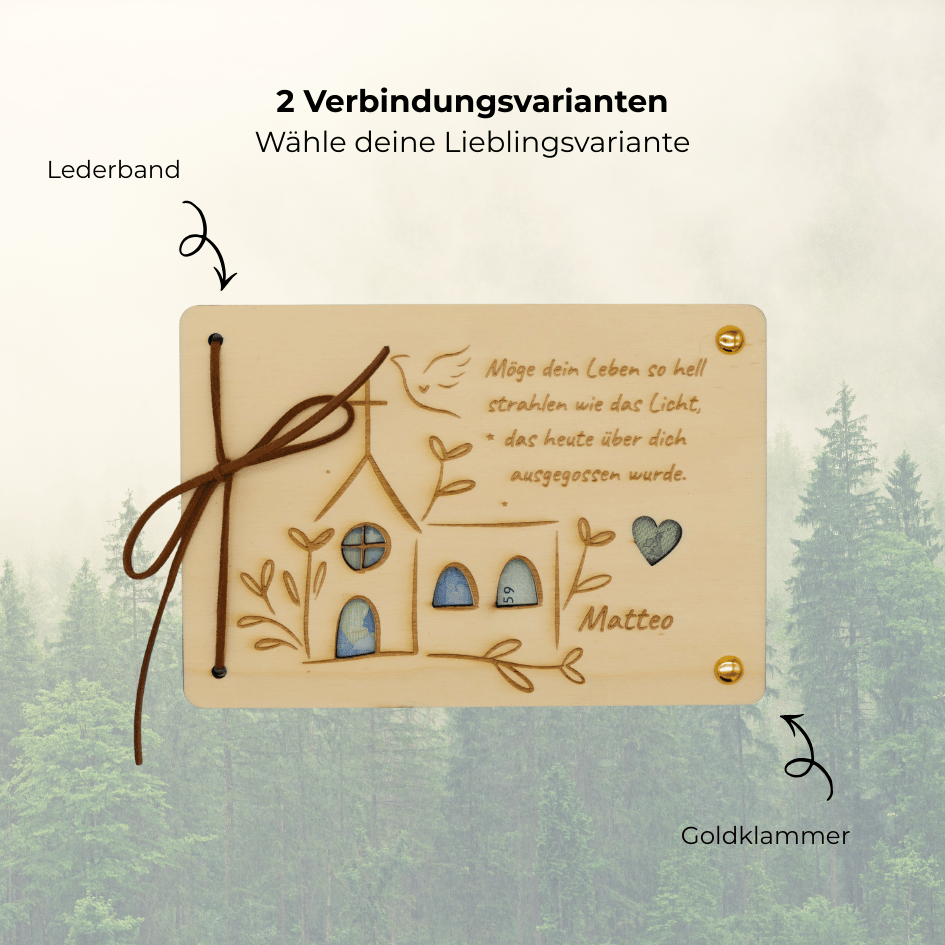 Personalisiertes Geldgeschenk aus Holz zur Taufe – Kirche