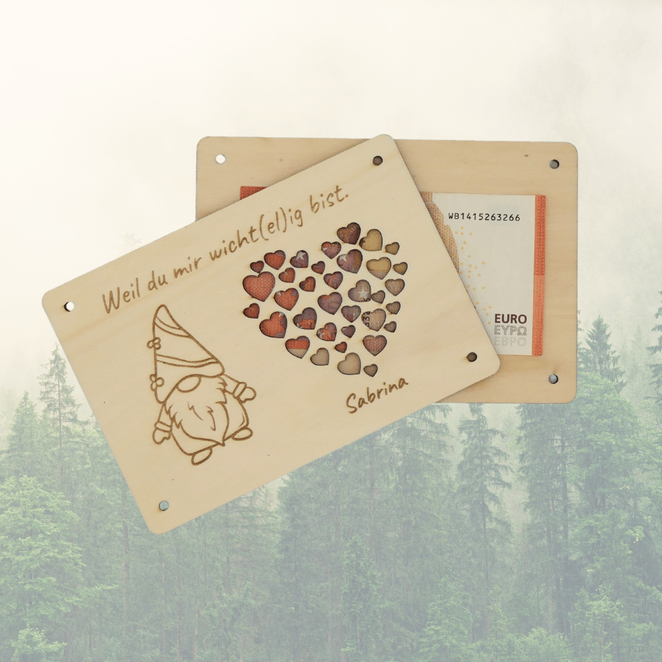Personalisiertes Geldgeschenk zu Weihnachten – Holzkarte „Wicht(el)ig“ mit Herzen