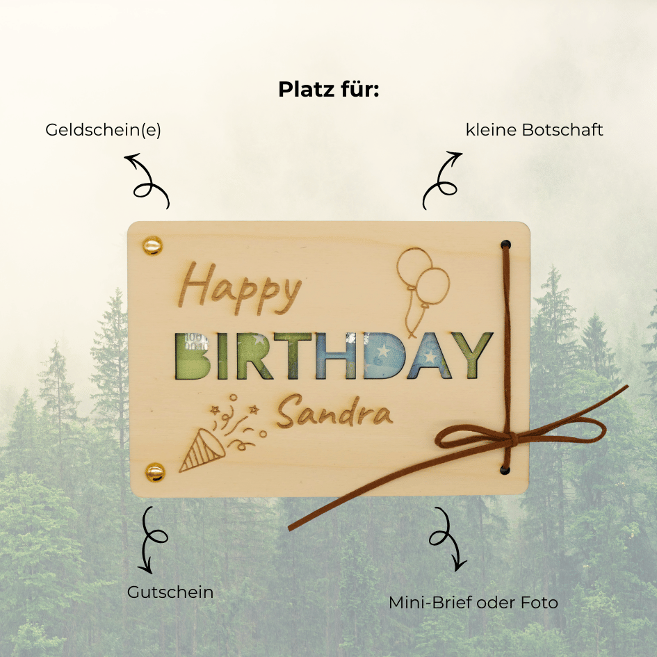 Personalisiertes Geldgeschenk aus Holz zum Geburtstag – Happy Birthday