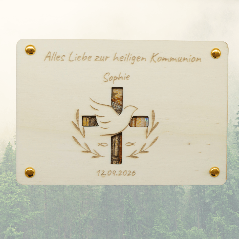 Personalisiertes Geldgeschenk aus Holz – Alles Liebe zur Kommunion