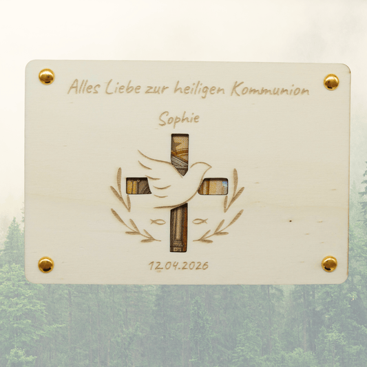 Personalisiertes Geldgeschenk aus Holz – Alles Liebe zur Kommunion