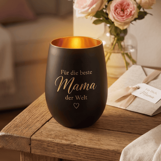 Personalisiertes Windlicht für Mama – „Für die beste Mama der Welt“ Schwarz & Gold