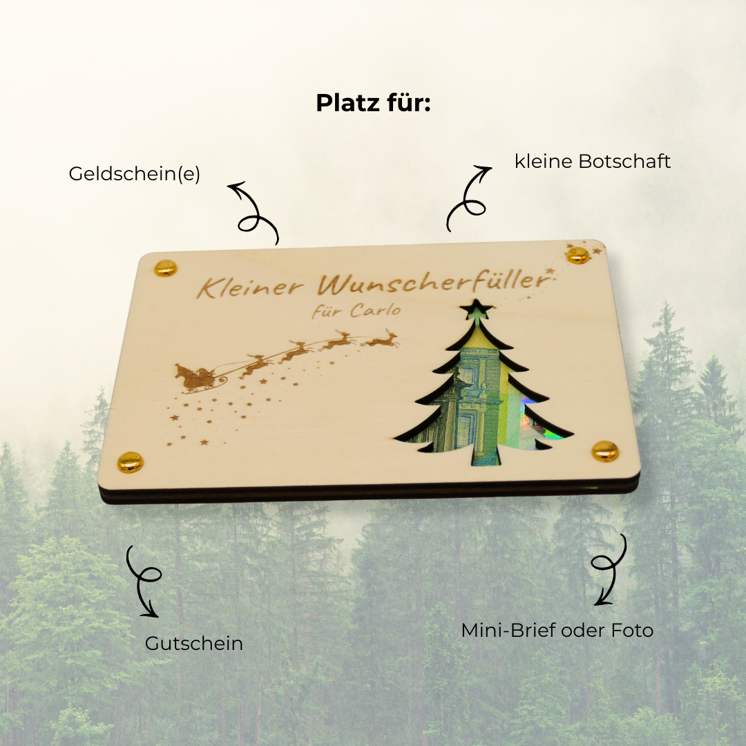 Personalisiertes Geldgeschenk Weihnachten – Holzkarte kleiner Wunscherfüller