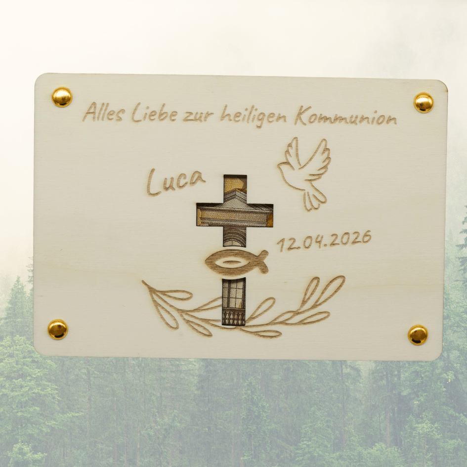 Personalisiertes Geldgeschenk aus Holz – Alles Liebe zur Kommunion mit Datum