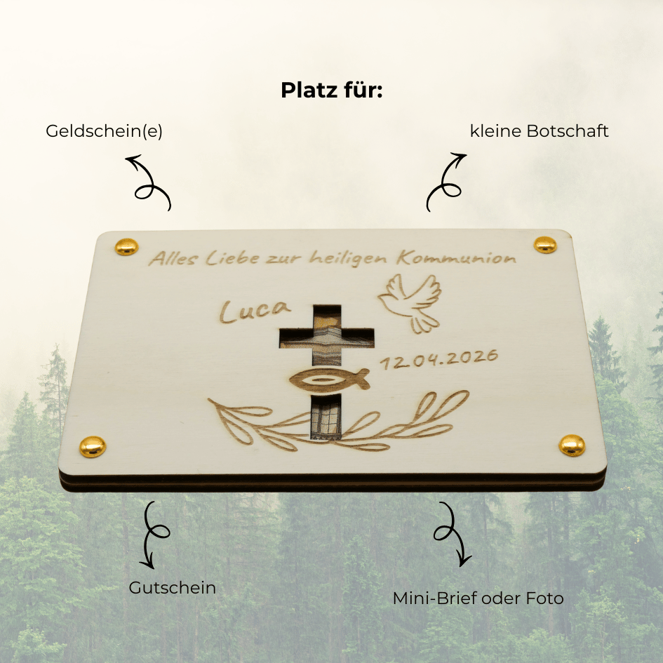 Personalisiertes Geldgeschenk aus Holz – Alles Liebe zur Kommunion mit Datum