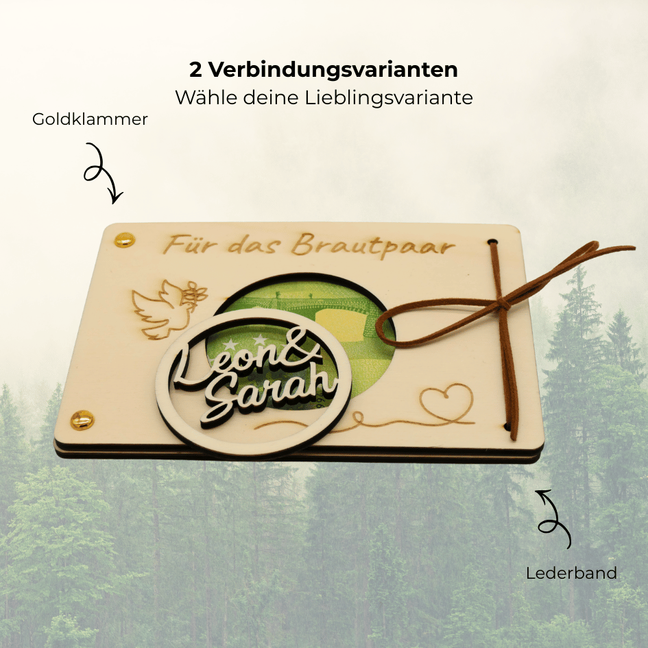 Personalisiertes Geldgeschenk aus Holz zur Hochzeit – Für das Brautpaar mit Namensaufhänger