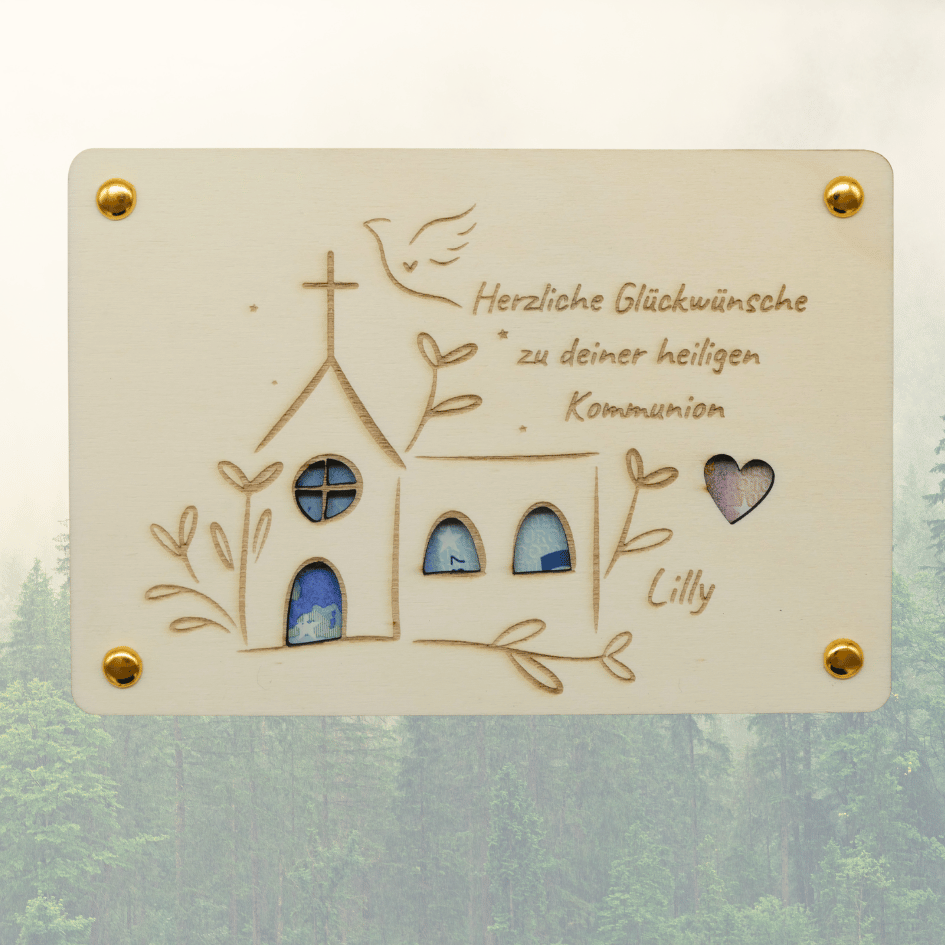 Personalisiertes Geldgeschenk aus Holz – Herzliche Glückwünsche zur Kommunion