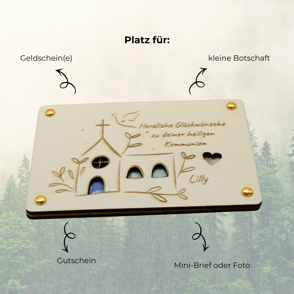 Personalisiertes Geldgeschenk aus Holz – Herzliche Glückwünsche zur Kommunion