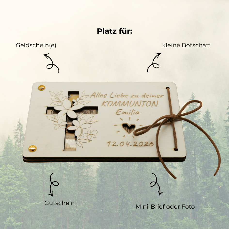 Personalisiertes Geldgeschenk aus Holz – Alles Liebe zu deiner KOMMUNION