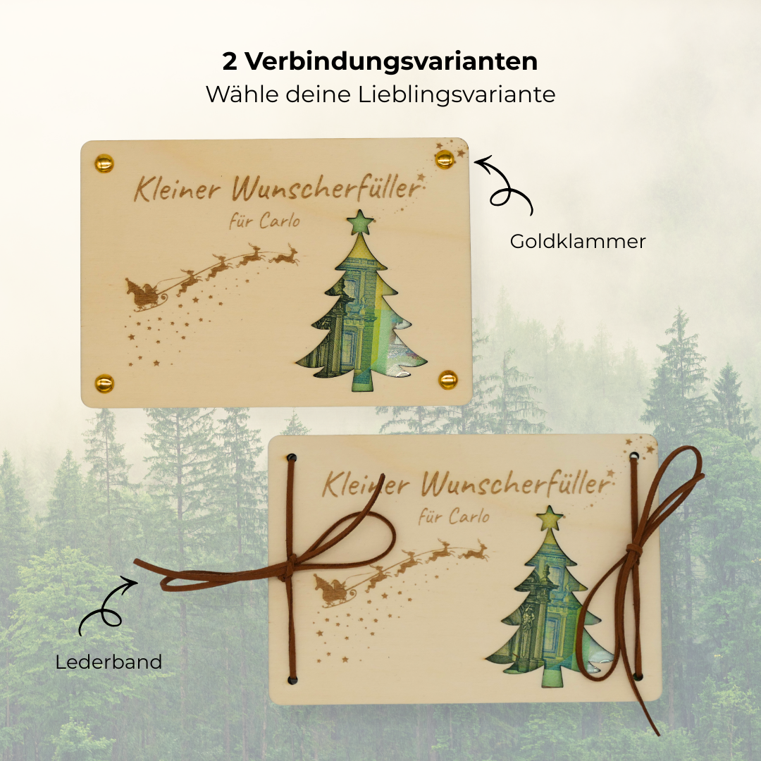 Personalisiertes Geldgeschenk Weihnachten – Holzkarte kleiner Wunscherfüller