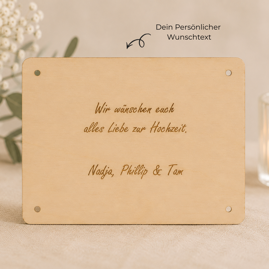 Personalisiertes Geldgeschenk aus Holz zur Hochzeit – Eukalyptus Herzen