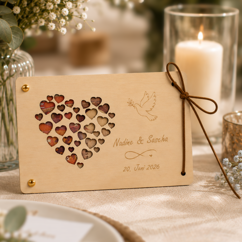 Personalisiertes Geldgeschenk aus Holz zur Hochzeit – Herzenliebe