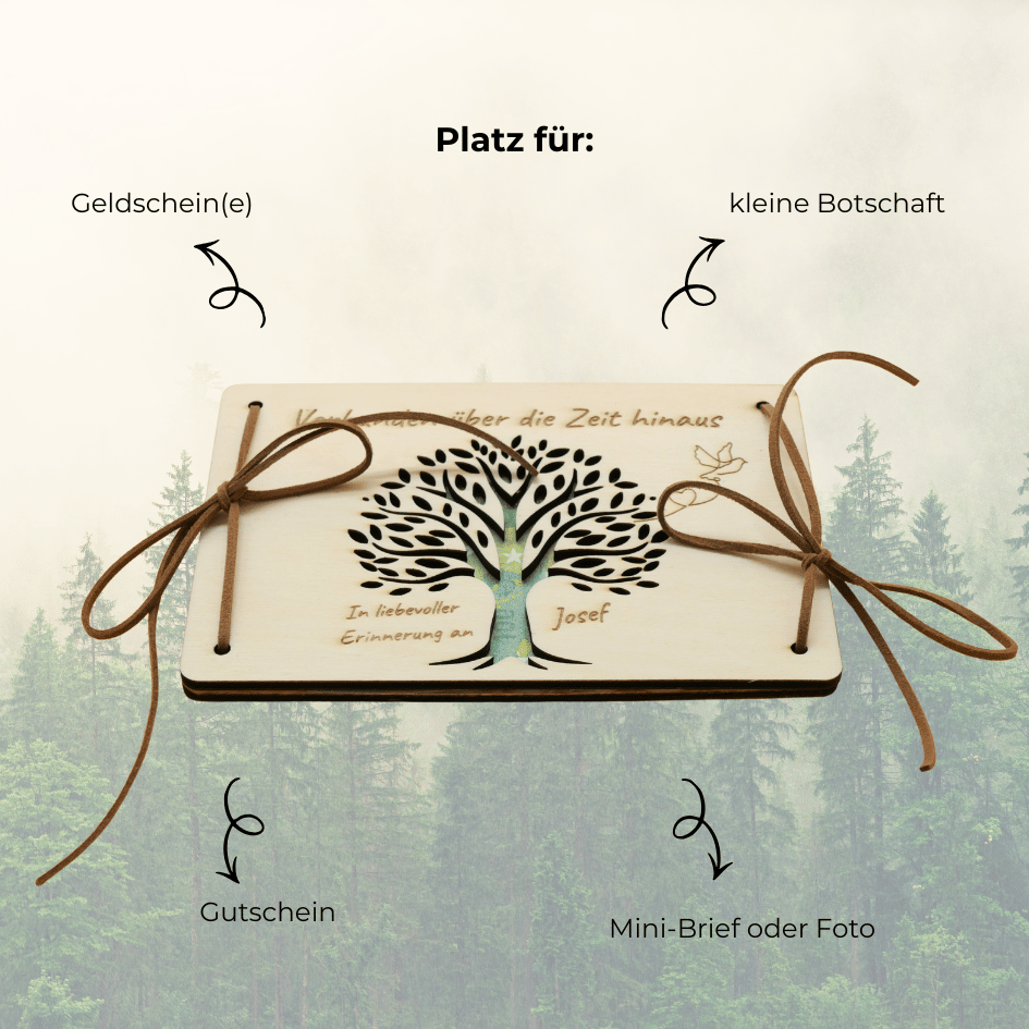 Personalisiertes Holz Geldgeschenk zur Trauer – Beileidskarte „In liebevoller Erinnerung“
