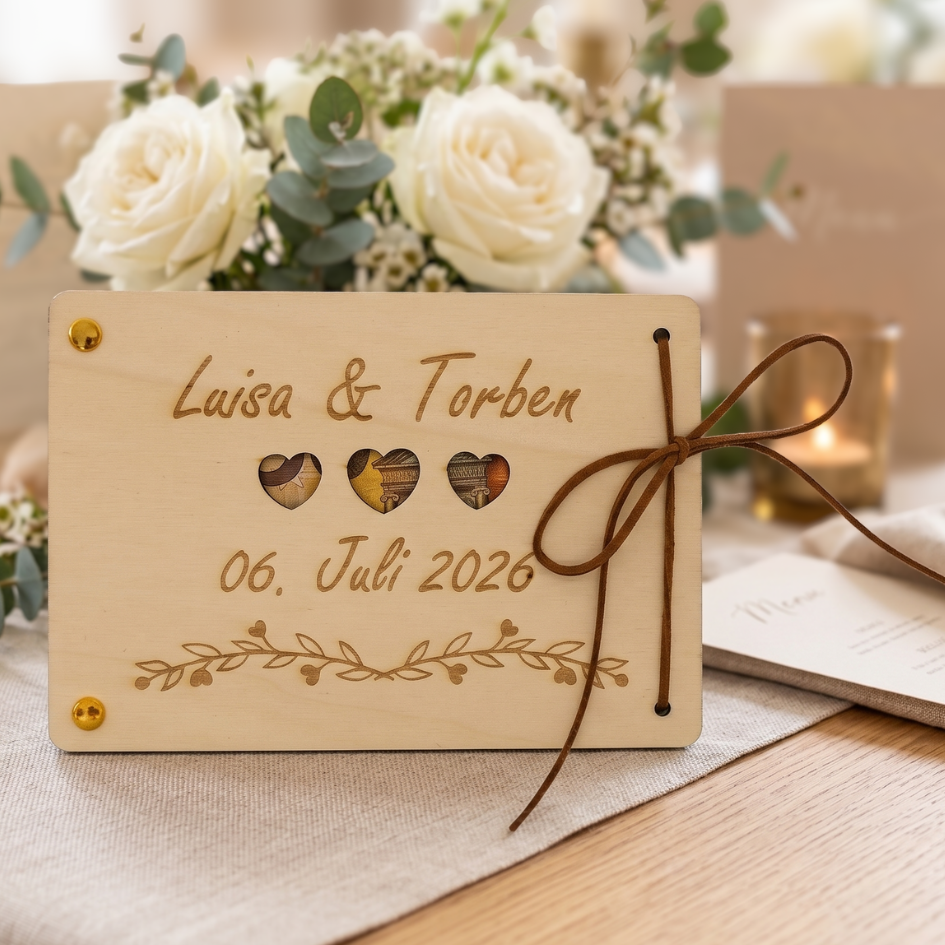 Personalisiertes Geldgeschenk aus Holz zur Hochzeit – Eukalyptus Herzen