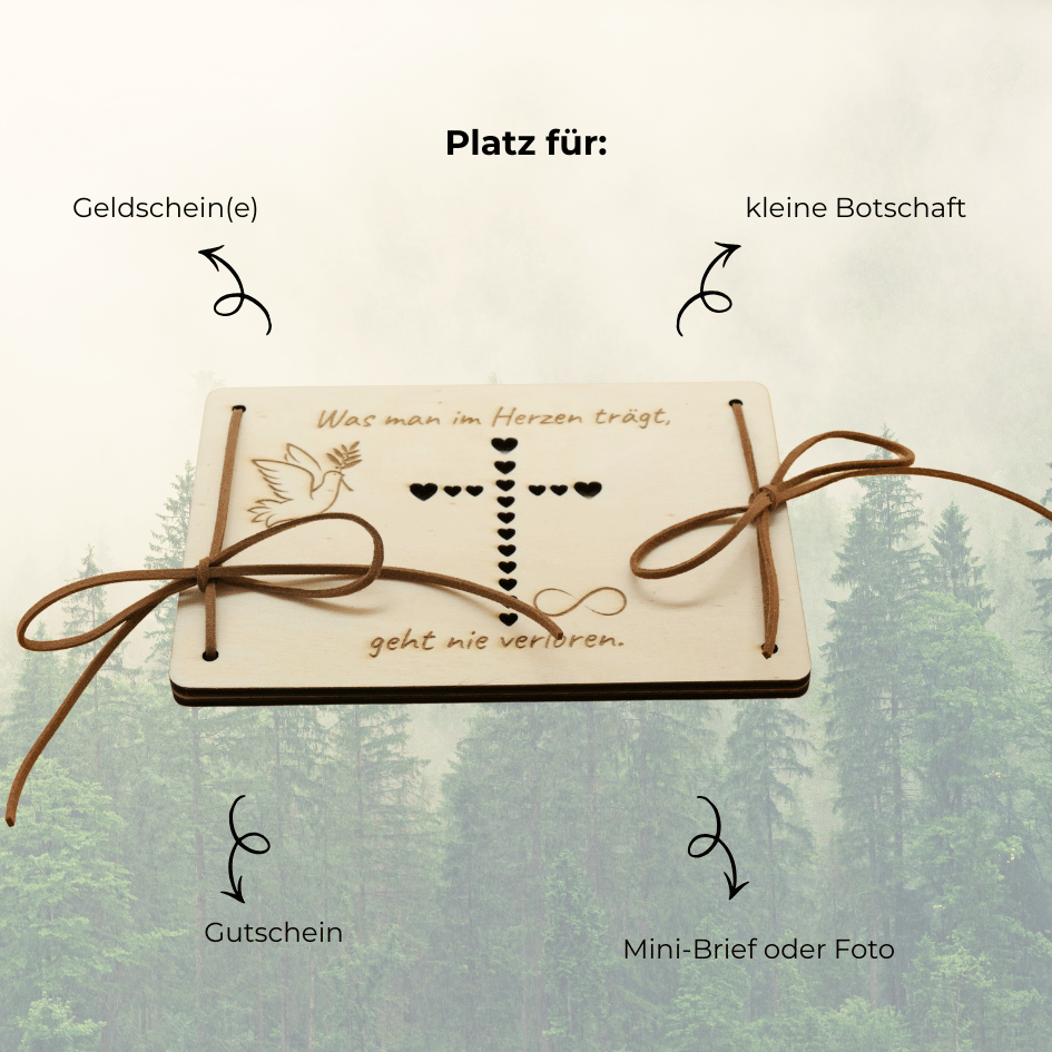Personalisiertes Holz Geldgeschenk zur Trauer – Beileidskarte „Was man im Herzen trägt, geht nie verloren".