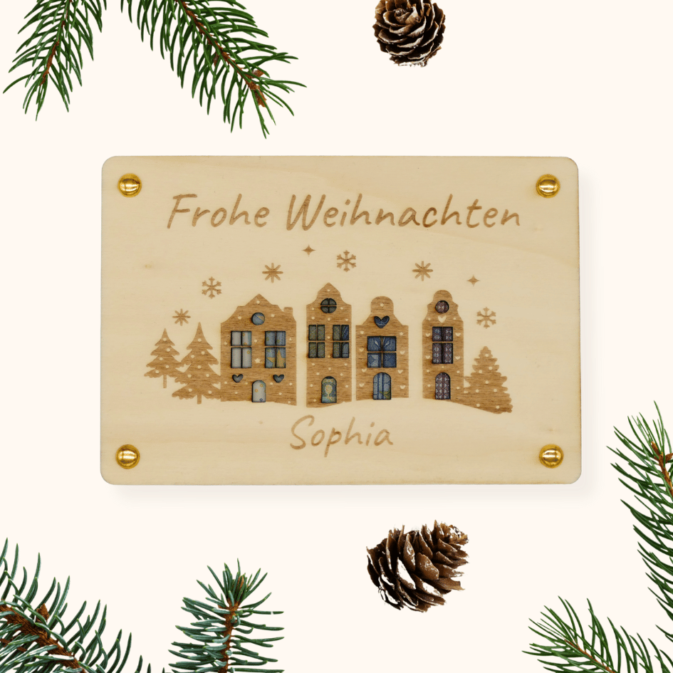 Personalisiertes Geldgeschenk zu Weihnachten – Holzkarte „Frohe Weihnachten“ mit Häusern