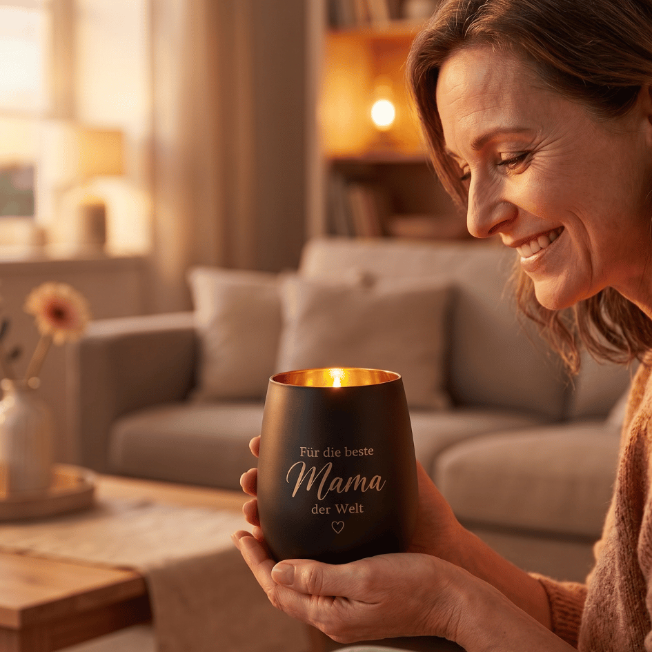 Personalisiertes Windlicht für Mama – „Für die beste Mama der Welt“ Schwarz & Gold