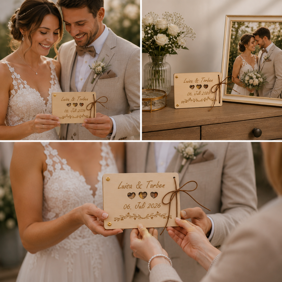 Personalisiertes Geldgeschenk aus Holz zur Hochzeit – Eukalyptus Herzen