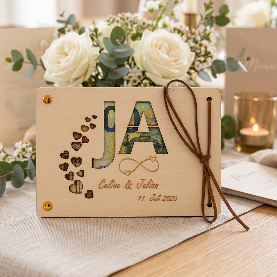 Personalisiertes Geldgeschenk aus Holz zur Hochzeit – JA