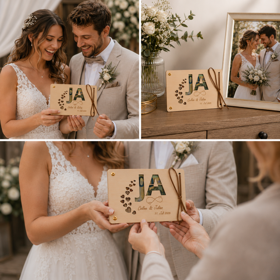 Personalisiertes Geldgeschenk aus Holz zur Hochzeit – JA