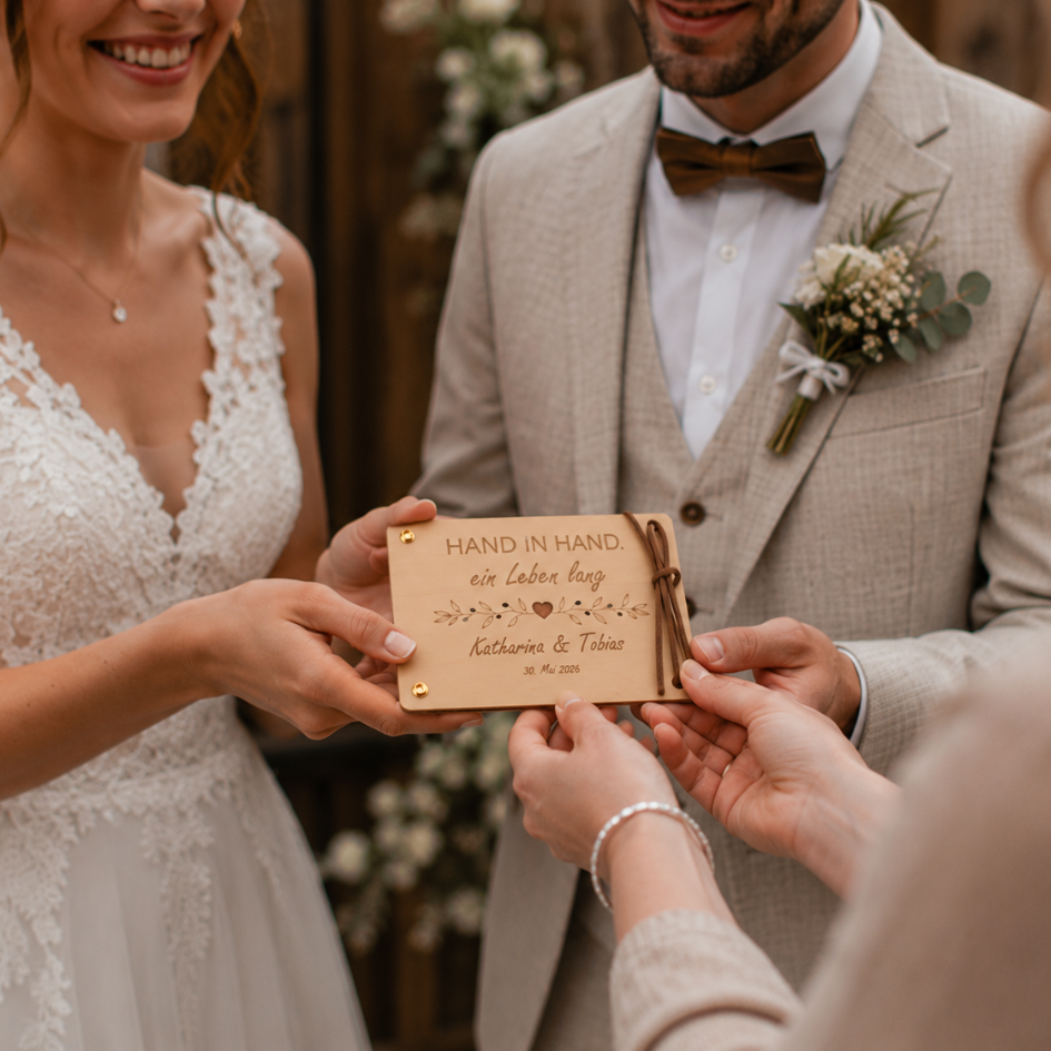 Personalisiertes Geldgeschenk aus Holz zur Hochzeit – Hand in Hand ein Leben lang