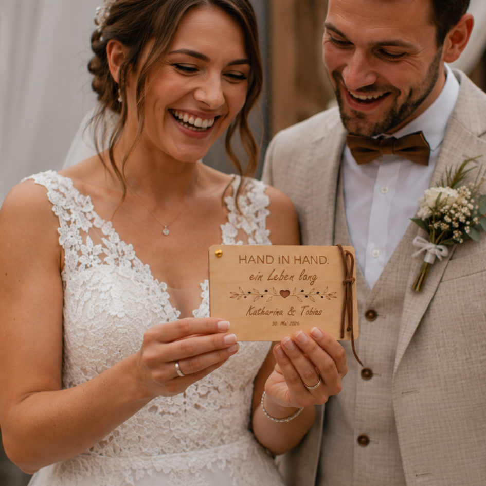 Personalisiertes Geldgeschenk aus Holz zur Hochzeit – Hand in Hand ein Leben lang