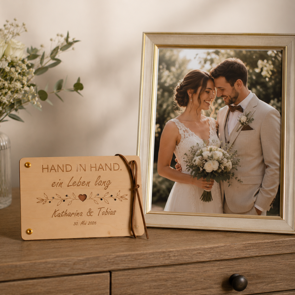 Personalisiertes Geldgeschenk aus Holz zur Hochzeit – Hand in Hand ein Leben lang