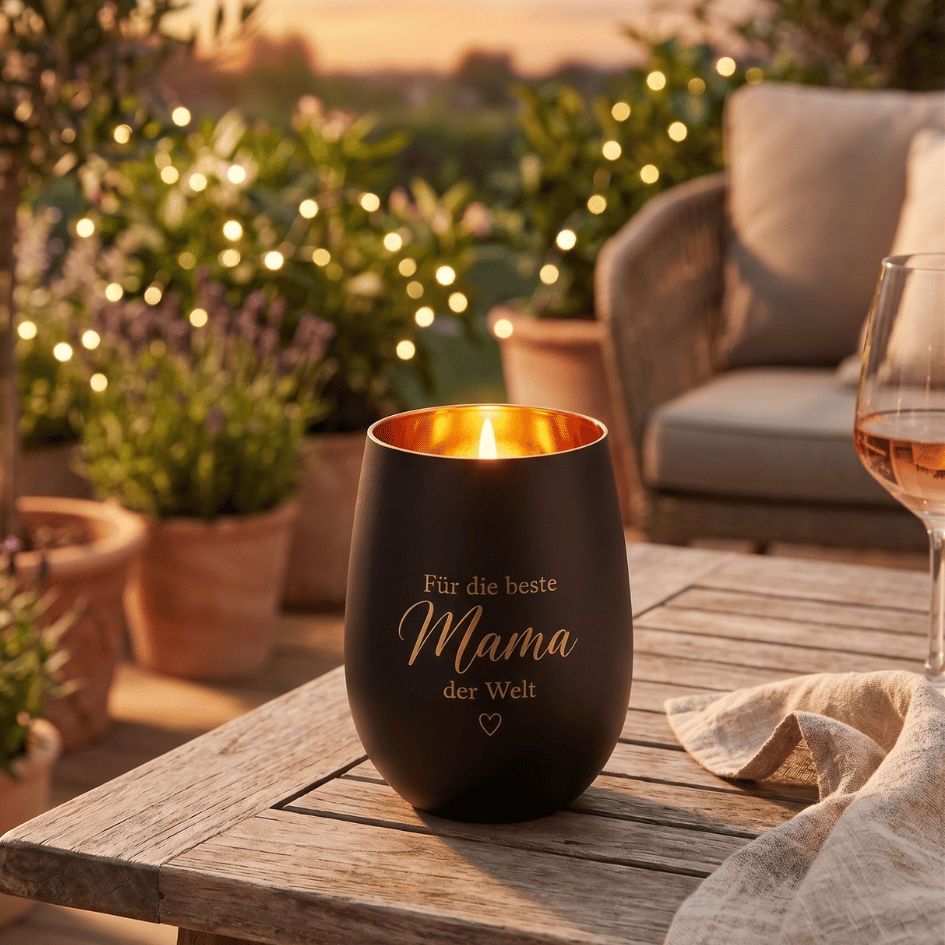 Personalisiertes Windlicht für Mama – „Für die beste Mama der Welt“ Schwarz & Gold