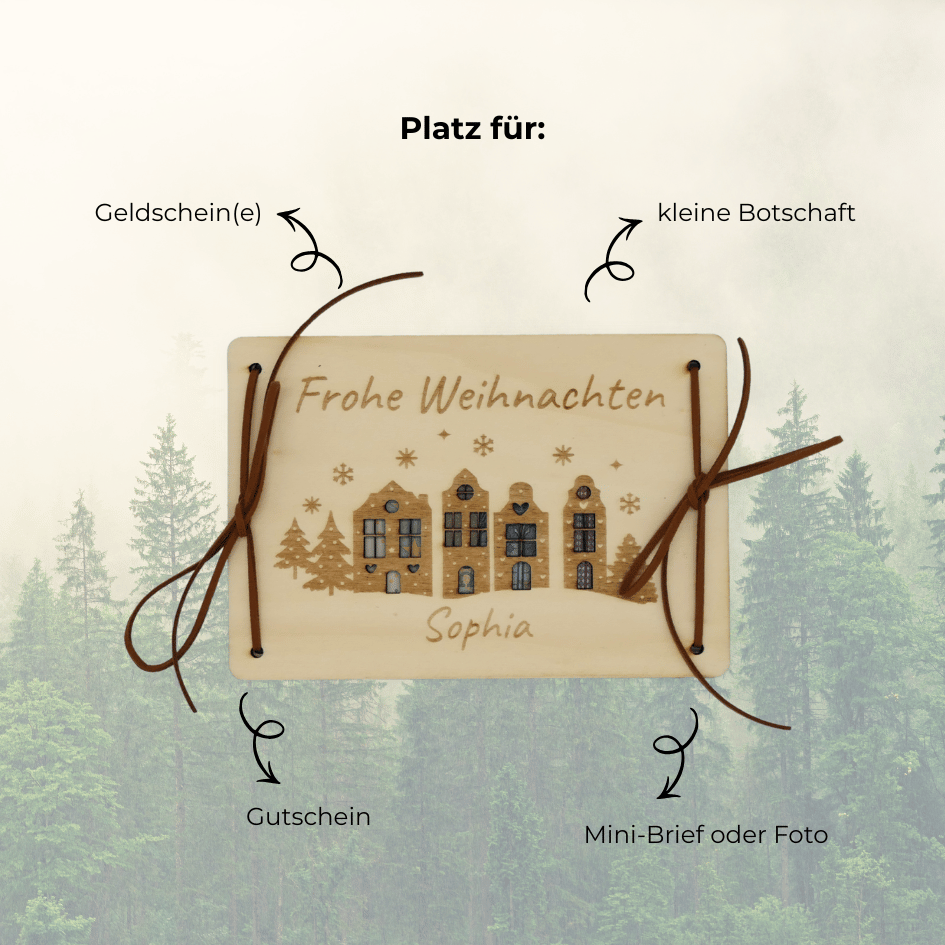 Personalisiertes Geldgeschenk zu Weihnachten – Holzkarte „Frohe Weihnachten“ mit Häusern