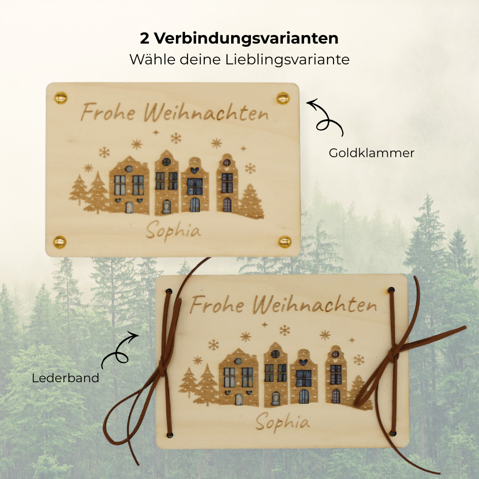 Personalisiertes Geldgeschenk zu Weihnachten – Holzkarte „Frohe Weihnachten“ mit Häusern