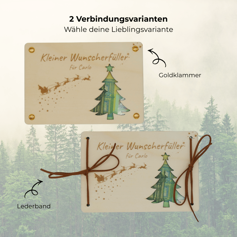 Holzkarte „Kleiner Wunscherfüller“ – Tannenbaum | Weihnachts-Geldgeschenk