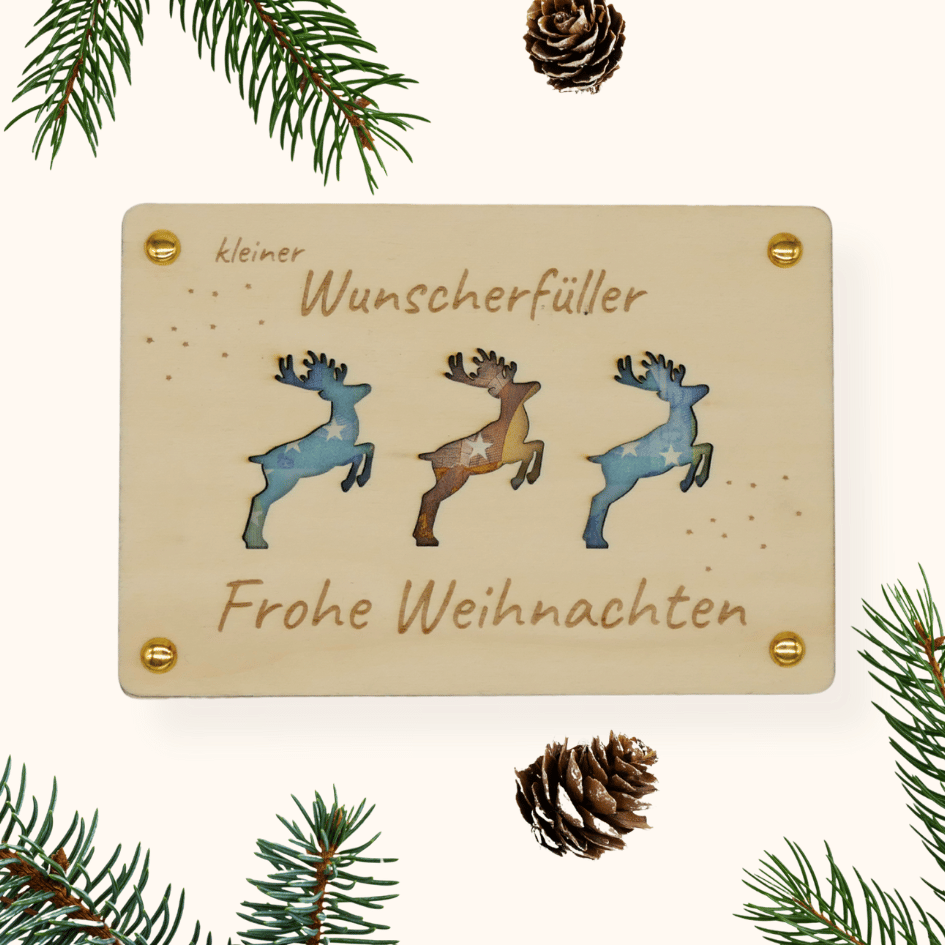 Holzkarte „Kleiner Wunscherfüller“ – Hirsch | Weihnachts-Geldgeschenk