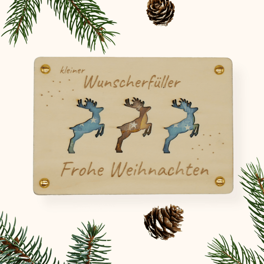 Holzkarte „Kleiner Wunscherfüller“ – Hirsch | Weihnachts-Geldgeschenk