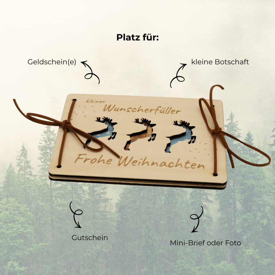 Holzkarte „Kleiner Wunscherfüller“ – Hirsch | Weihnachts-Geldgeschenk