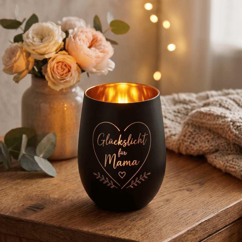 Personalisiertes Windlicht zum Muttertag – Glückslicht Herz für Mama in Schwarz & Gold