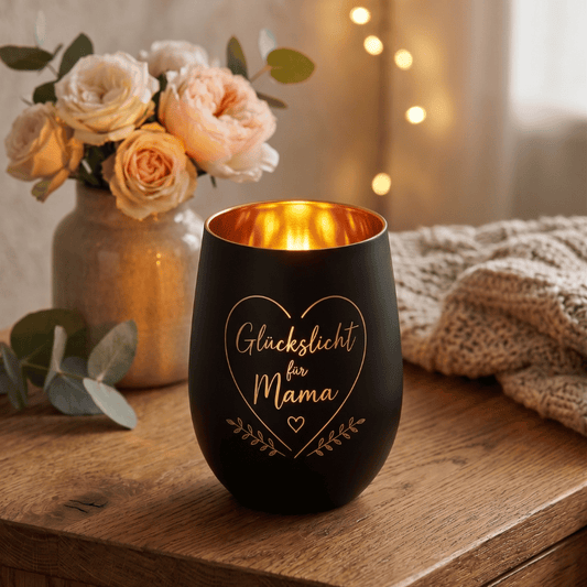 Personalisiertes Windlicht zum Muttertag – Glückslicht Herz für Mama in Schwarz & Gold