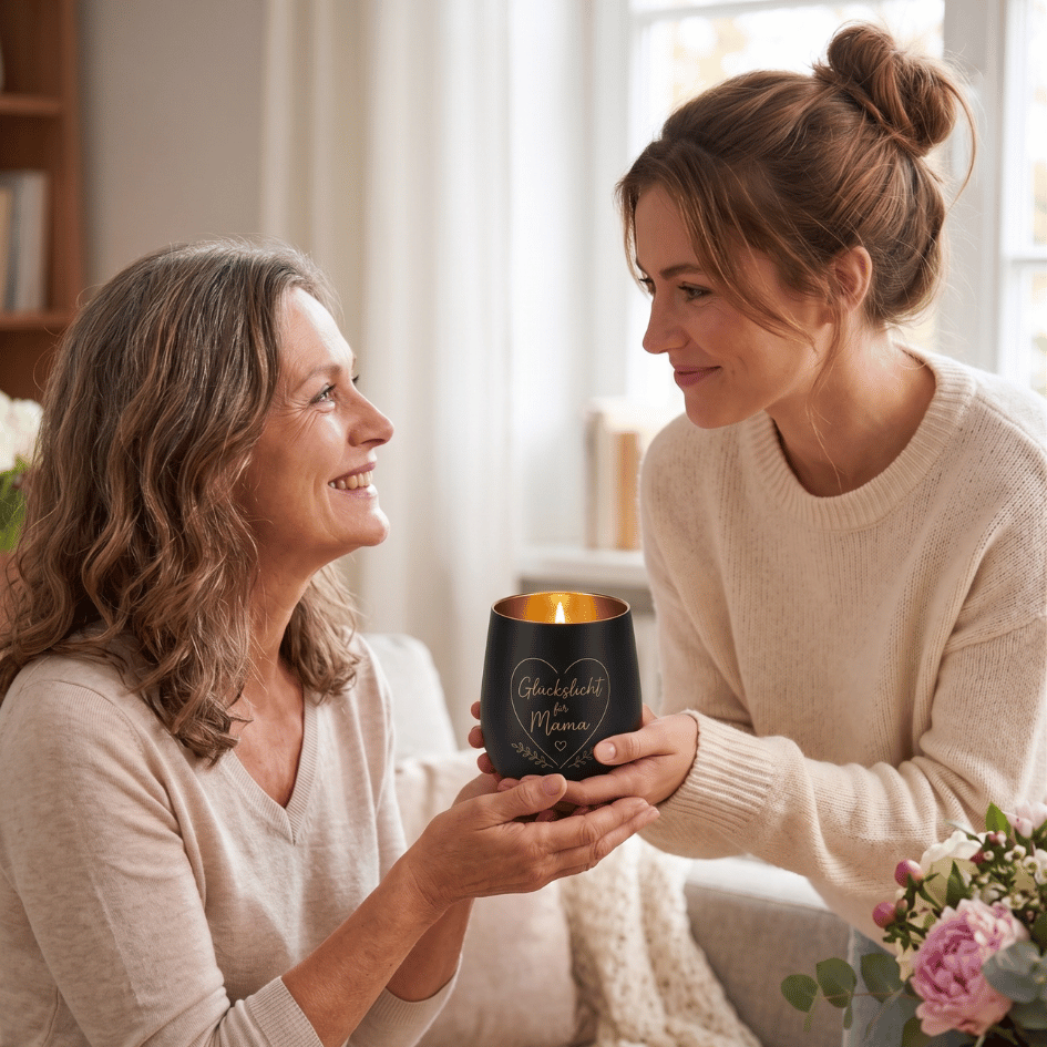 Personalisiertes Windlicht zum Muttertag – Glückslicht Herz für Mama in Schwarz & Gold