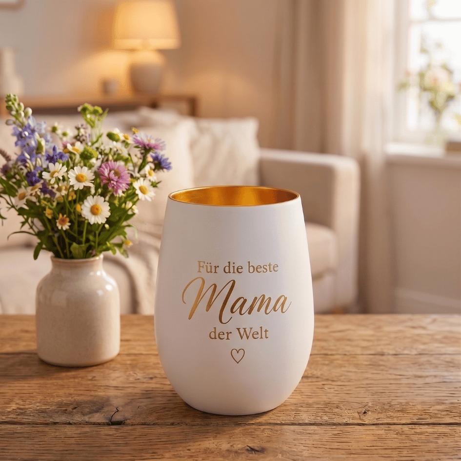 Personalisiertes Windlicht für Mama – „Für die beste Mama der Welt“ Weiß & Gold