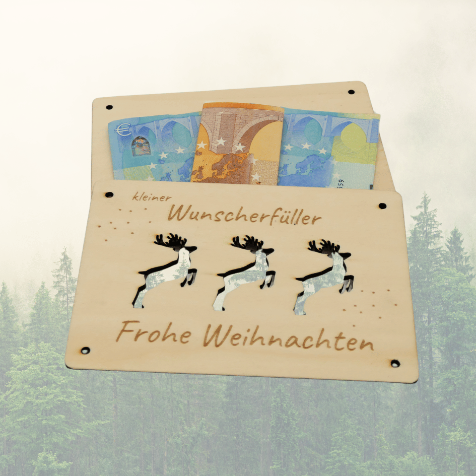 Holzkarte „Kleiner Wunscherfüller“ – Hirsch | Weihnachts-Geldgeschenk