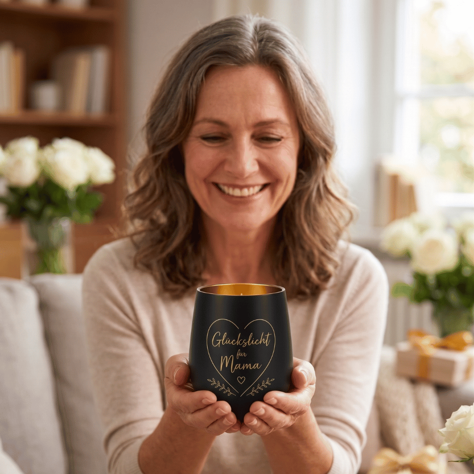 Personalisiertes Windlicht zum Muttertag – Glückslicht Herz für Mama in Schwarz & Gold