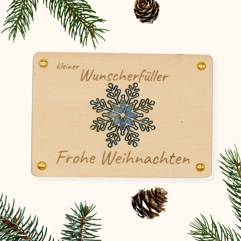 Holzkarte „Kleiner Wunscherfüller“ – Schneeflocke | Weihnachts-Geldgeschenk