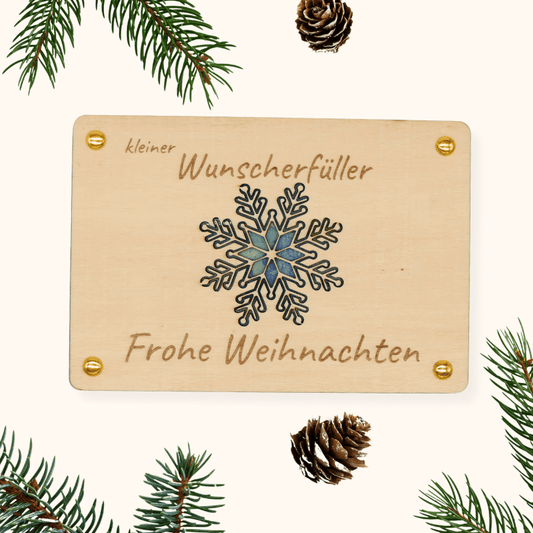 Holzkarte „Kleiner Wunscherfüller“ – Schneeflocke | Weihnachts-Geldgeschenk