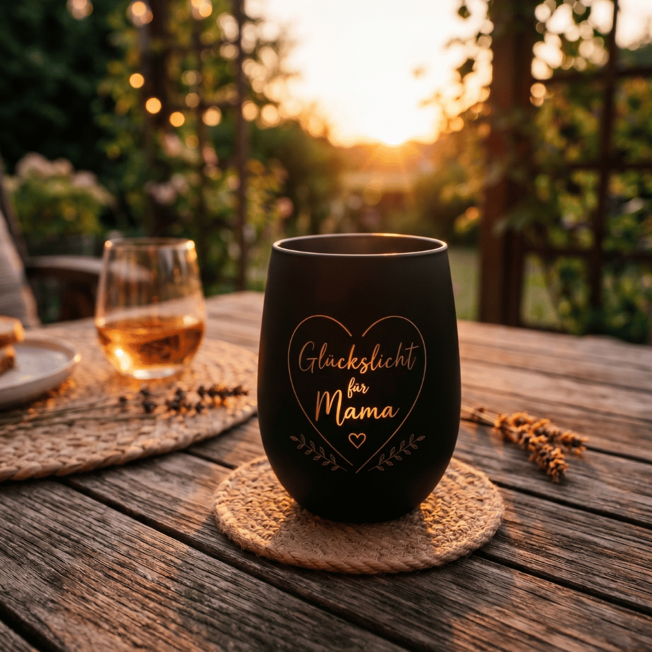 Personalisiertes Windlicht zum Muttertag – Glückslicht Herz für Mama in Schwarz & Gold